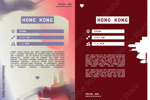 Hong Kong vector infographics, brochure layout set. Guide, leaflet, flyer, graphic templates with text, information, data, city skyline shape. Mock up, copy space images series