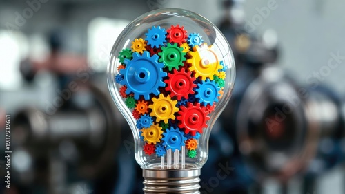 Innovative ideas and gear mechanism concept in office environment light bulb viewpoint