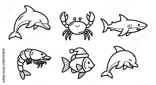 Whimsical assortment of underwater creatures and festive sea life illustrations