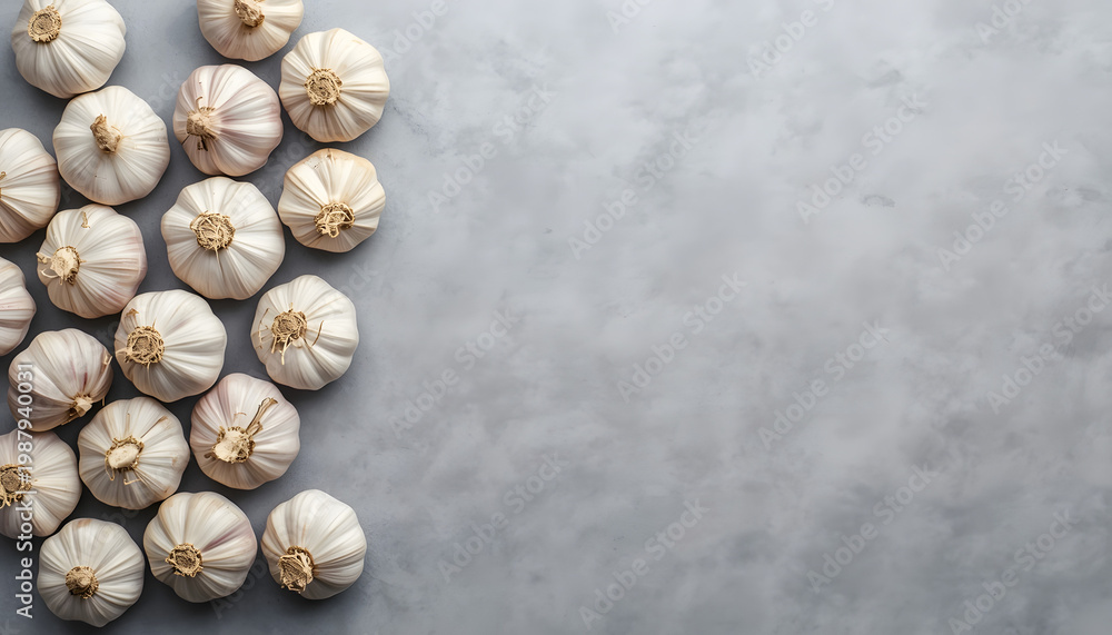 Obraz premium Fresh Raw Garlic Bulbs on Grey Marble Background