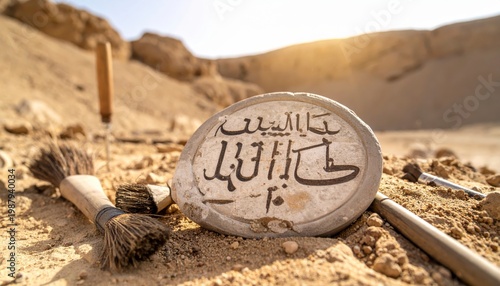Chipped limestone ostracon with ancient Demotic script discovered during archaeological excavation in sandy terrain