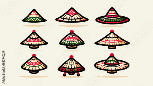 Set of Nine Traditional Asian Conical Straw Hat Icons with Colorful Red and Green Ethnic Stripe Patterns, Flat Vector Illustration Collection