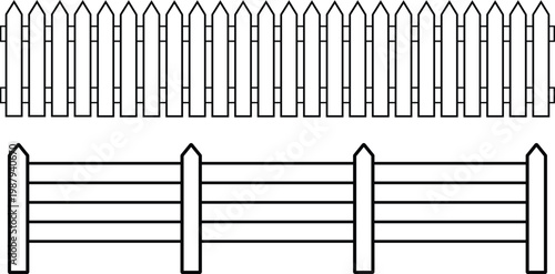 Two distinct styles of wooden fences depicted as simple line art illustrations on a transparent background