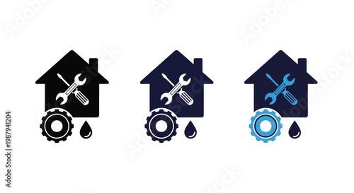 Three variations of a house icon depicting home repair services with tools and gears