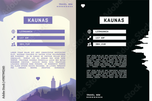 Kaunas, Lithuania vector infographics, brochure layout set. Guide, leaflet, flyer, graphic templates with text, information, data, city skyline shape. Mock up, copy space images series
