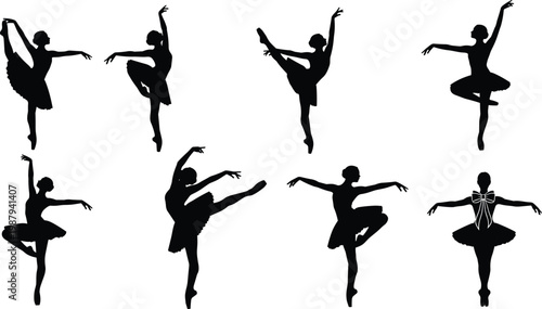 Elegant ballet dancer silhouettes collection featuring graceful poses, classical dance movements, black vector figures isolated on white background for design