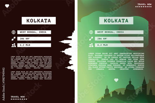 Kolkata, India vector infographics, brochure layout set. Guide, leaflet, flyer, graphic templates with text, information, data, city skyline shape. Mock up, copy space images series