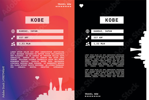 Kobe, Japan vector infographics, brochure layout set. Guide, leaflet, flyer, graphic templates with text, information, data, city skyline shape. Mock up, copy space images series