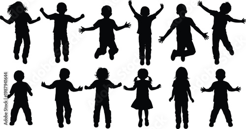 Happy children silhouettes jumping and playing, energetic kids in different poses expressing joy, fun and childhood activity isolated on white background