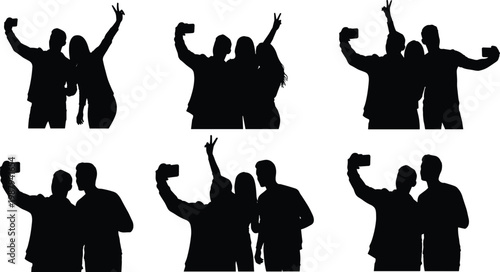 Group of friends taking selfies silhouettes, young people capturing moments with smartphones, social media lifestyle and friendship concept isolated on white background