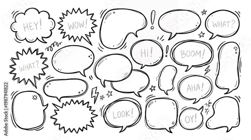 Hand-drawn Speech Bubbles Collection: Communication, Ideas, and Dialogue Icons