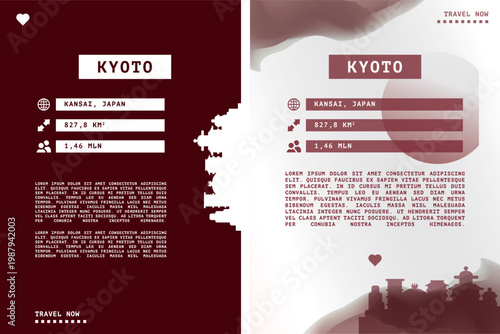 Kyoto, Japan vector infographics, brochure layout set. Guide, leaflet, flyer, graphic templates with text, information, data, city skyline shape. Mock up, copy space images series