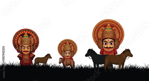 Theyyam performance art featuring vibrant masks and accompanying animals