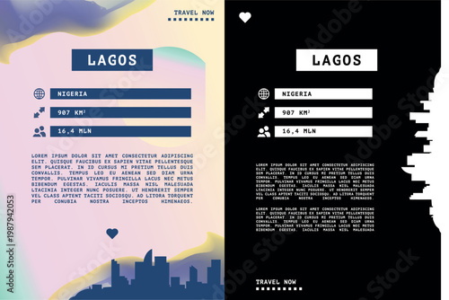 Lagos, Nigeria vector infographics, brochure layout set. Guide, leaflet, flyer, graphic templates with text, information, data, city skyline shape. Mock up, copy space images series