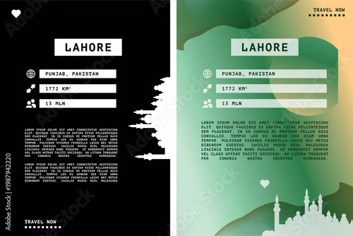 Lahore, Pakistan vector infographics, brochure layout set. Guide, leaflet, flyer, graphic templates with text, information, data, city skyline shape. Mock up, copy space images series