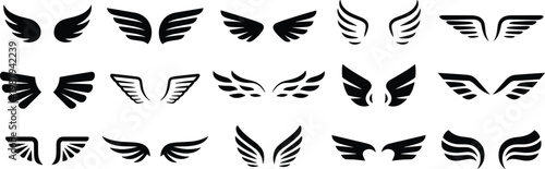 Stylized wing silhouettes set, angel and bird wings collection, decorative feather icons isolated on white background for logo and tattoo design