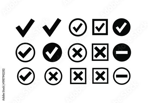 Diverse icons representing checkmarks, crosses, and prohibition symbols in various shapes and colors