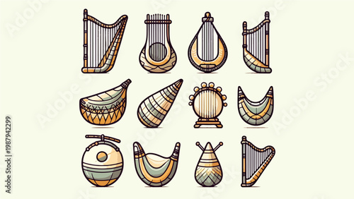 Collection of Twelve Ancient Traditional String Musical Instruments Including Harp, Lyre, and Lute Icons, Flat Cartoon Vector Illustration Set