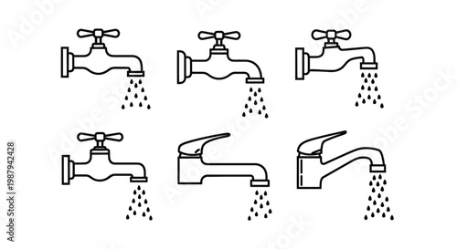A collection of minimalist black and white line drawings depicting various styles of water faucets with flowing water