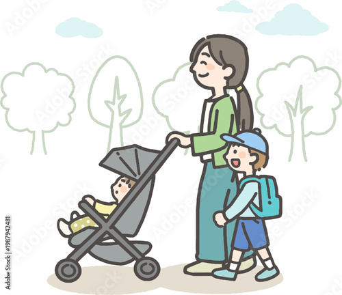 自然豊かな風景の中で赤ちゃんが乗ったベビーカーを押すお母さんと子ども