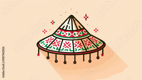 Colorful Traditional Asian Conical Hat with Red and Green Ethnic Geometric Patterns and Hanging Beads, Flat Vector Illustration with Long Shadow