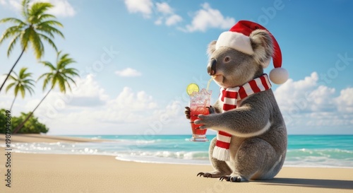 Koala Wearing Santa Hat on Tropical Beach