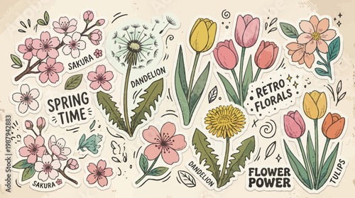 Spring Time Floral Sticker Pack: Sakura, Dandelions, Tulips, Retro Florals, Flower Power