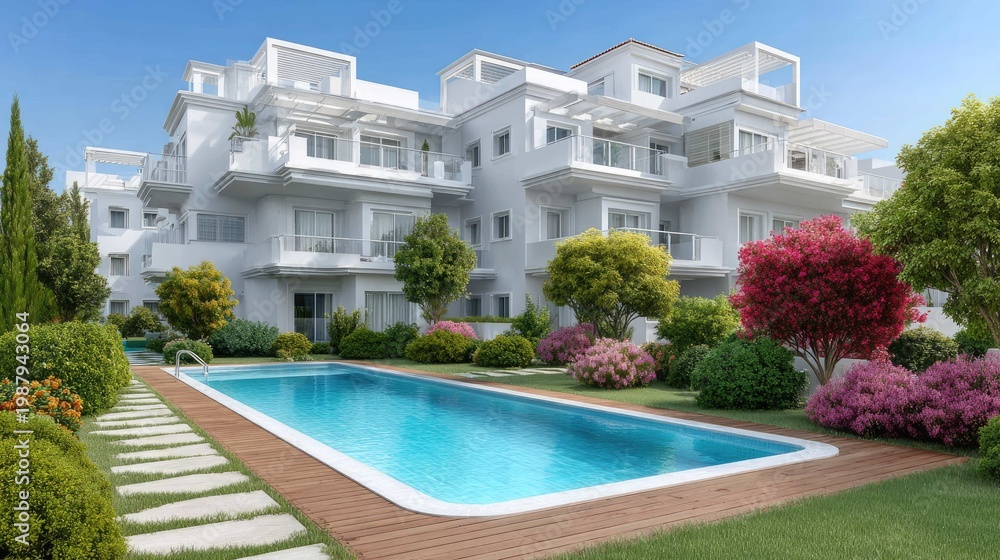 Fototapeta premium Modern residential complex with lush gardens and serene swimming pool under bright sunny sky
