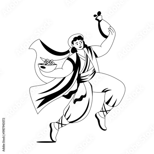 A glyph style illustration showing characters performing traditional dance
