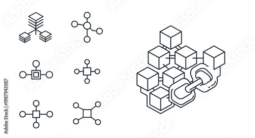 Blockchain technology network nodes and data blocks illustration.