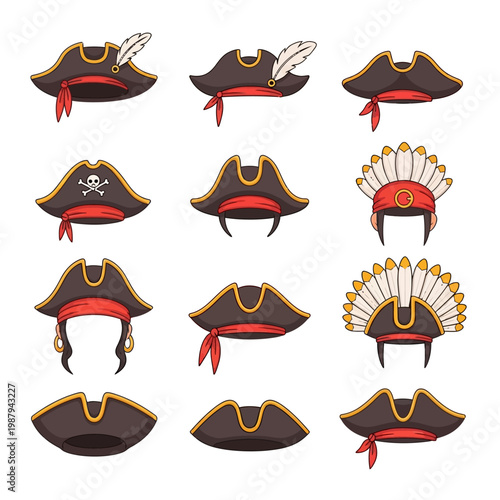 Pirate hats with various designs.