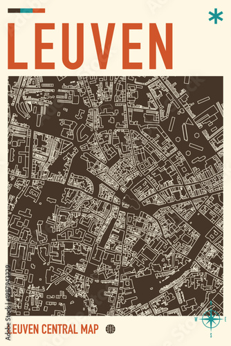 Leuven centre vector mapping. Belgium city map illustration for poster, print, social media post. Simple and editable layout of downtown, urban area plan. Vintage, retro style