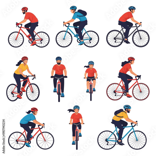 People riding bicycles in various poses.