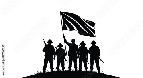 Silhouetted group of soldiers raising a flag on a hilltop
