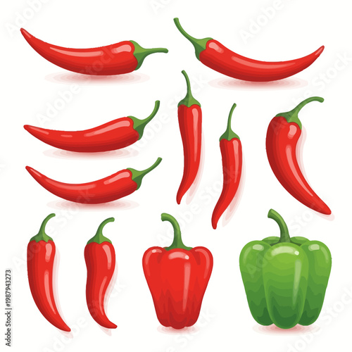 Collection of Red Chili Peppers and Bell Peppers on White Background