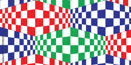 Abstract geometric pattern with colorful checkered cubes creating an optical illusion.