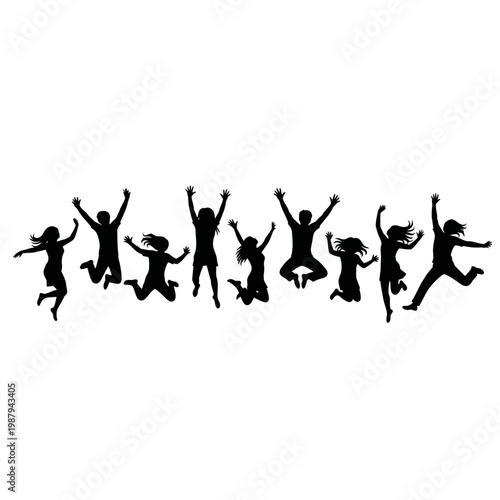 Silhouettes of people jumping happily together.