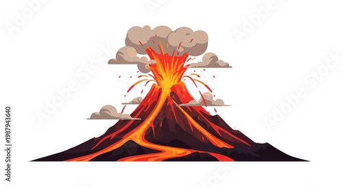 Exploding Volcano with Lava Flow and Smoke Clouds