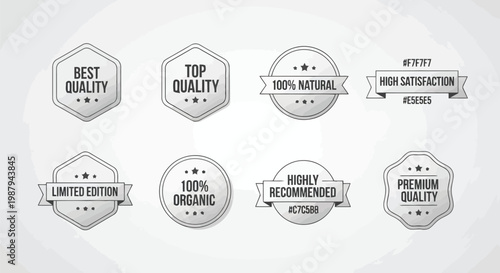 Various quality and satisfaction badge designs for product branding and marketing