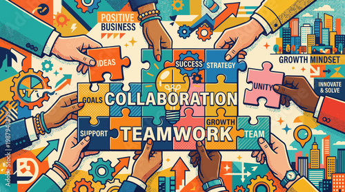 Teamwork and collaboration concept: Diverse hands assemble puzzle pieces forming "COLLABORATION" and "TEAMWORK".