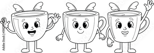 Cute Cartoon Coffee Cup Characters Waving and Smiling in Black and White Outline Coloring Page Vector Illustration