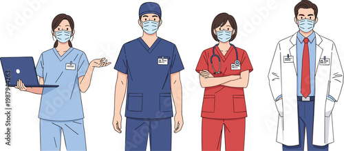 Medical Team of Doctors and Nurses Wearing Masks and Uniforms in Flat Outline Vector Illustration for Healthcare Design