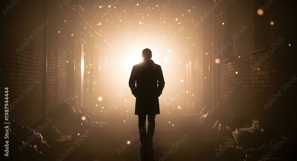 Fototapeta premium Silhouette of a man walking toward a bright glowing light in a dark urban alley at night