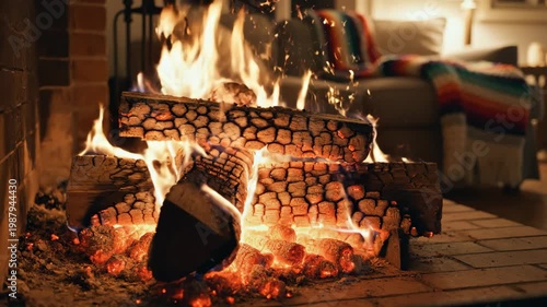 Close up of burning wood logs in a brick fireplace with warm glowing embers and blurred cozy living room background