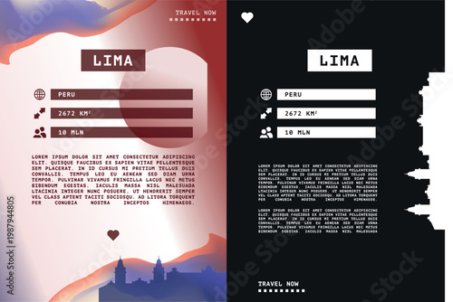 Lima, Peru vector infographics, brochure layout set. Guide, leaflet, flyer, graphic templates with text, information, data, city skyline shape. Mock up, copy space images series