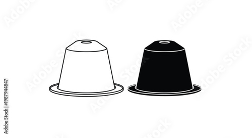 A minimalist depiction of two coffee capsules one white and one black side by side