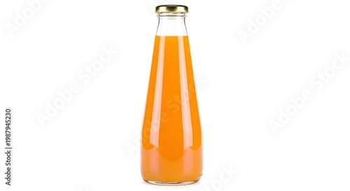 Glass bottle of orange juice on white background