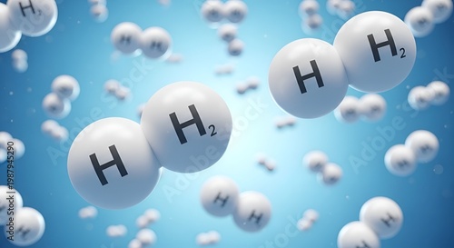 Hydrogen molecules floating in space, 3D rendering of H2 atoms