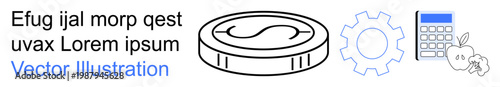 Finance, education, healthy lifestyle, wealth, productivity, and engineering. Coin, gear calculator and apple in a minimal line art style. Finance and education displayed