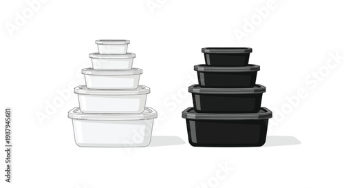 A set of stacked plastic food containers in white and black showcasing different sizes